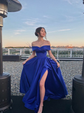 Niulatu Royal Blue Prom Dress Satin A-Line Off Shoulder Evening Dress HZ1007