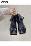 Niulatu Shoes Retro Square Head Bright Leather Early Spring 2025 New Shallow Mouth Coarse Heel Single Shoes Chaussure Femme DJSE