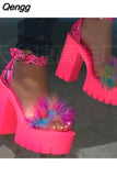 Niulatu Sandals High Heels with Fur Female Platform Pumps Women Ankle Strap Women's Wedge Shoes 2025 Summer DJSE