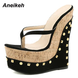 Niulatu Shoes Summer Flock Wedges Party Fashion Classics Big Yards Modern Thong Beach Mules Sandalias Platform Geometric DJSE