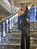 Niulatu One Shoulder Slit Black Evening Dress Prom Dress With Gloves HZ1007
