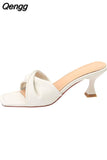 Niulatu Slippers Women Summer Shoes Slides Low Fashion Heeled Mules Pantofle Luxury High 2025 Basic Retro Fabric Rubber Sewin DJSE