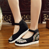 Niulatu Women Red Summer Footwear Ankle Strap Spring Autumn Pumps China Beijing Embroiders Wedges Heels 2025 Buckle Cloth Shoes DJSE