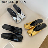 Niulatu Arrival Gold Outer Wear Slippers Women Fashion Slip On Square Toe Stiletto Mules Comfortable Heel Slide For Party Shoes DJSE