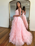 Niulatu Pink A-Line Tiered Spaghetti Straps Tulle Prom HZ1007