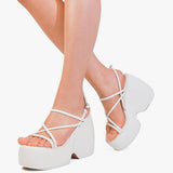 Niulatu Women Brand Platform Sandals Shoes Strappy Heels Wegdes Heeled Shoes Design Punk Cool Chunky Buckle Casual Black White Shoes DJSE