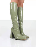Niulatu Square Heel Knee-High Classic Square Toe Boots PU Leather Zip Boots Party Dress Dance Shoes Botas De Mujer DJSE