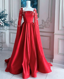 Niulatu Red Satin Appliques Prom Dress,Formal A Line Party Evening Dress With Cape HZ1007