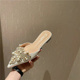 Niulatu Pearl Slippers Woman Beading String Mules Pointed Toe Sandals Home Slides Women Beaded Slippers Summer Flipflops DJSE