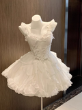 Niulatu Ball Gown Straps White Chiffon Short Cocktail Dresses Birthday Outfits SD573