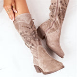 Niulatu Winter Women Boots Fashion Retro Flower Suede Round Toe Zipper Lady High Boots Designer Mid HeelFemales Shoes DJSE
