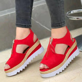 Niulatu Women Sandals Fashion Fish Mouth Hollow Wedge Flat Shoes Front Zip Casual Platform Comfortable Roman Sandals Sandalias Playa DJSE
