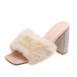 Niulatu Women's Pumps Square Toe Furry Sandals Thin High Heels Elegant Autumn Shoes for Women 2025 Fashion Female Slipper Ladies DJSE