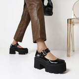 Niulatu to College Round Toe Heart Print Ankle Strap Chunky Goth Platform Women Shoes Trendy Punk Marry Janes Pumps Square Heels Street Style DJSE