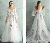Niulatu Tulle Lace Spaghetti Straps Long Evening Dress, Embroidery White Prom Dress HZ0113
