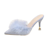 Niulatu Women High Heels Shoes 2025 Summer New Fur Pointed Toe Thin Heels Women Mules Dress Party Outside Ladies Slippers Plus Size 42 DJSE