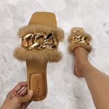 Niulatu Size Plush Furry Fluffy Women Slippers White Flat Outdoor Autumn Shoes Fashion Chain Fur Slipper Slip on Woman Mules DJSE