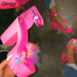 Niulatu Furry Sandals Fashion Shoes Ladies Banquet Women's High Heel Fur Platform Summer Outdoor Party Buckle Slippers Spring DJSE