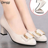 Niulatu Women Cute European Stylish Round Toe Black Pu Leather Square Heel Pumps Lady Casual Wine Red Comfort Summer Heel Shoes DJSE