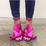 Niulatu Bowtie High Heel Sandals Peep Toe Butterfly-Knot Ruffles High Heels Mules Slip-on Wedding Dress Shoes Big Size 42 DJSE