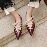 Niulatu New Spring Summer Pointed Toe Low Heels Shoes Woman Cross Strap Lace Up Gladiator Pumps Black Office Shoes DJSE