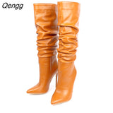 Niulatu Pleated Knee High Boots Women Autumn Winter Super High Heels Long Boots Ladies Popular Party Shoes Black White DJSE