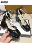 Niulatu Heels Elegant Bow Square Toe Black Fashion Women&#39;s Pumps Thick Heel Wedding Party Pearl Lace Wedding Shoes for Women DJSE