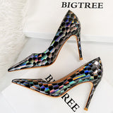 Niulatu Shoes New Patent Leather Woman Pumps Metal Stone Pattern High Heels Designer Women Heels Stiletto Female Pumps Size 43 DJSE