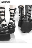 Niulatu Women Goth Platform Mid Calf Boots Wedges Heeled Cospaly Autumn Combat Boots Design Luxury Motorcycle Boots Shoes DJSE