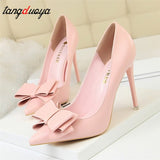 Niulatu Shoes Pink Heels Woman Blue Sweet Bow Women White High Heels Matte Leather Pumps Thin Heel Pointed Ladies high heels DJSE