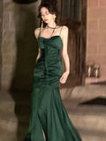 Niulatu Sheath Spaghetti Straps Floor Length Green Satin Prom Dresses Birthday Dress SD452