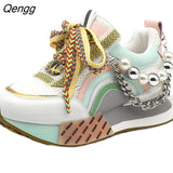 Niulatu Women's Shoes Lace Up Rainbow Pearl Chain Women's Vulcanized Shoes Thick Soled Sneakers Zapatos De Mujer Women's Shoes DJSE
