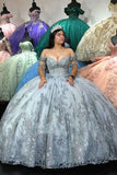 Niulatu Silver Ball Gown Off the Shoulder Sequins Applique Quinceanera Dress with HZ1007
