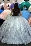 Niulatu Silver Ball Gown Off the Shoulder Sequins Applique Quinceanera Dress with HZ1007