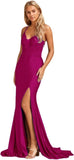 Niulatu Women's Lace Applique Mermaid Prom Dresses Long with Slit Stretchy Satin V Neck Formal Evening HZ1007