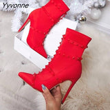 Niulatu Luxury Women 11.5cm High Heels Fetish Rivets Silk Sock Boots Stiletto Ankle Boots Scarpins Studded Red Spring Shoes DJSE