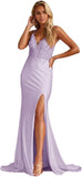 Niulatu Women's Lace Applique Mermaid Prom Dresses Long with Slit Stretchy Satin V Neck Formal Evening HZ1007