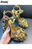 Niulatu Women Chunky High Heels Shoes Platform Sandals For Women Rhinestone Metallic Gold Leather Shoes Woman Peep Toe Wedding Shoes DJSE