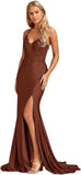 Niulatu Women's Lace Applique Mermaid Prom Dresses Long with Slit Stretchy Satin V Neck Formal Evening HZ1007
