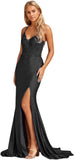 Niulatu Women's Lace Applique Mermaid Prom Dresses Long with Slit Stretchy Satin V Neck Formal Evening HZ1007