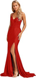 Niulatu Women's Lace Applique Mermaid Prom Dresses Long with Slit Stretchy Satin V Neck Formal Evening HZ1007