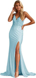 Niulatu Women's Lace Applique Mermaid Prom Dresses Long with Slit Stretchy Satin V Neck Formal Evening HZ1007