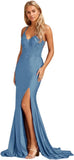 Niulatu Women's Lace Applique Mermaid Prom Dresses Long with Slit Stretchy Satin V Neck Formal Evening HZ1007