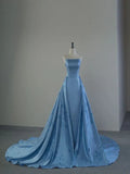 Niulatu Strapless A-Line Satin Long Prom Dress, Blue Formal Evening Dress HZ1108