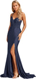 Niulatu Women's Lace Applique Mermaid Prom Dresses Long with Slit Stretchy Satin V Neck Formal Evening HZ1007