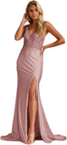 Niulatu Women's Lace Applique Mermaid Prom Dresses Long with Slit Stretchy Satin V Neck Formal Evening HZ1007