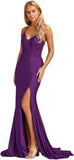 Niulatu Women's Lace Applique Mermaid Prom Dresses Long with Slit Stretchy Satin V Neck Formal Evening HZ1007