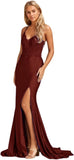 Niulatu Women's Lace Applique Mermaid Prom Dresses Long with Slit Stretchy Satin V Neck Formal Evening HZ1007