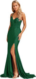 Niulatu Women's Lace Applique Mermaid Prom Dresses Long with Slit Stretchy Satin V Neck Formal Evening HZ1007