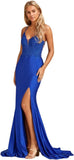 Niulatu Women's Lace Applique Mermaid Prom Dresses Long with Slit Stretchy Satin V Neck Formal Evening HZ1007